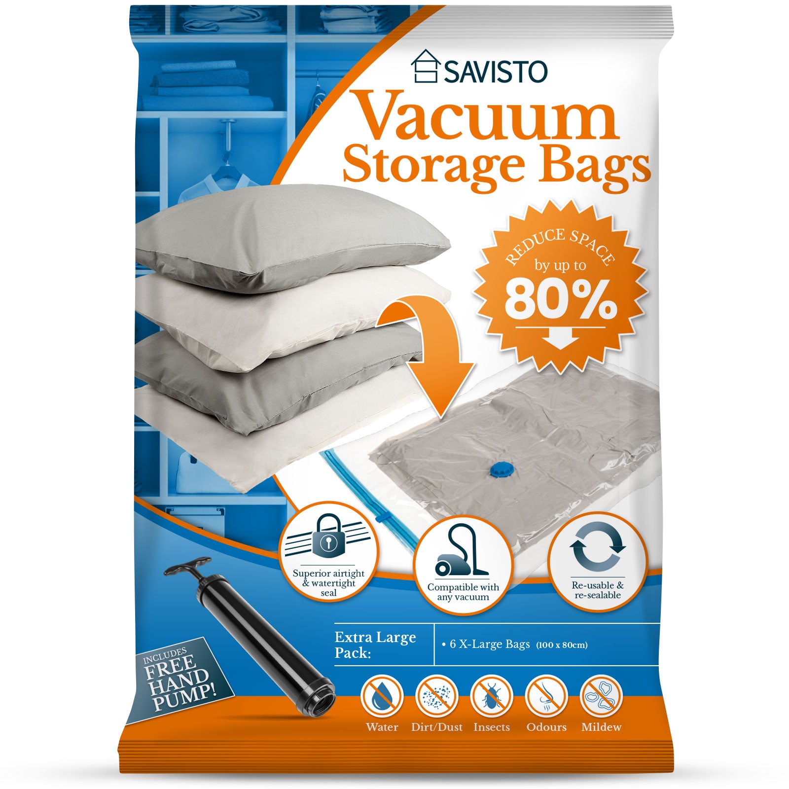 Premium Vacuum Storage Bags,6 Pack Large Size 80 x 60cm Double Zip